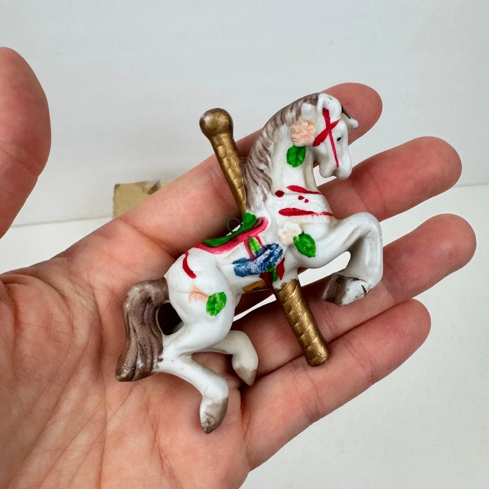 2 Vtg Christmas Around the World Carousel Horse Ornaments Ceramic w Orig Box